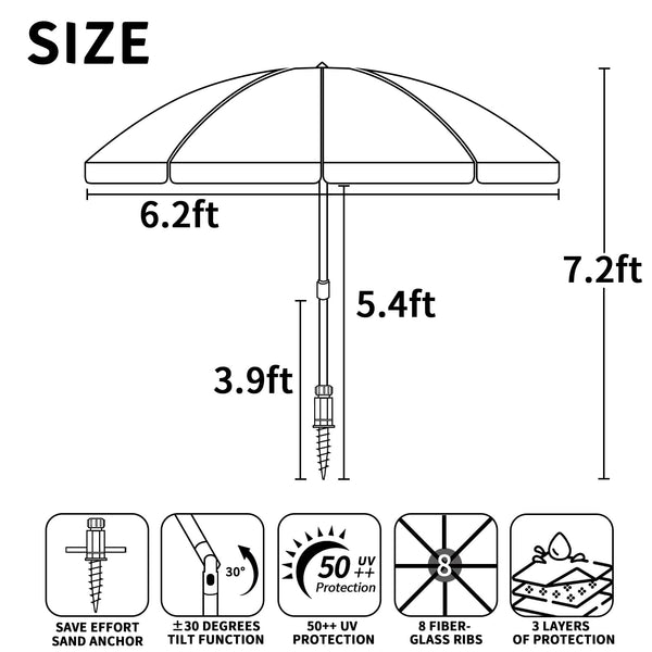 Deluwire 7ft Heavy Duty High Wind Beach Umbrella Parasols with sand anchor & Tilt Sun Shelter, UV 50+ Protection Outdoor Sunshade Umbrellas Carry Bag for Patio Garden Pool Backyard Stripe Blue