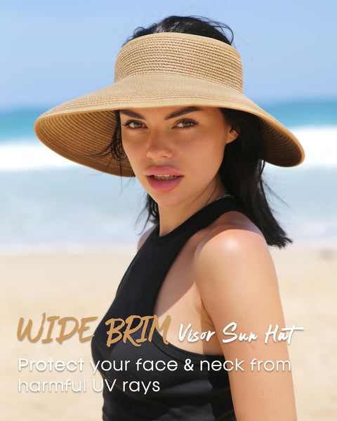 FURTALK Sun Visor Hats for Women Wide Brim Straw Ponytail Summer Beach Hat UV UPF Packable Foldable Travel Khaki