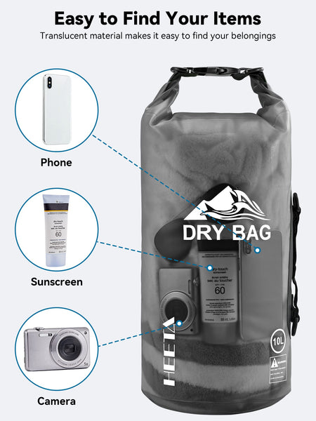 HEETA Dry Bag Waterproof for Women Men, Roll Top Lightweight Dry Storage Bag Backpack with Phone Case for Travel, Swimming, Boating, Kayaking, Camping and Beach (Transparent Black, 5L)