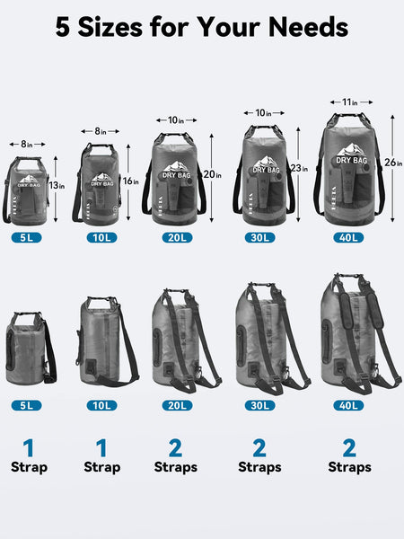 HEETA Dry Bag Waterproof for Women Men, Roll Top Lightweight Dry Storage Bag Backpack with Phone Case for Travel, Swimming, Boating, Kayaking, Camping and Beach (Transparent Black, 5L)