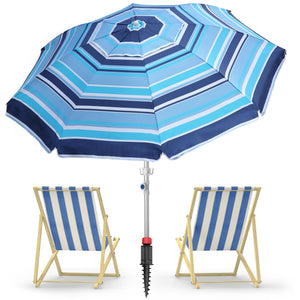 Deluwire 7ft Heavy Duty High Wind Beach Umbrella Parasols with sand anchor & Tilt Sun Shelter, UV 50+ Protection Outdoor Sunshade Umbrellas Carry Bag for Patio Garden Pool Backyard Stripe Blue