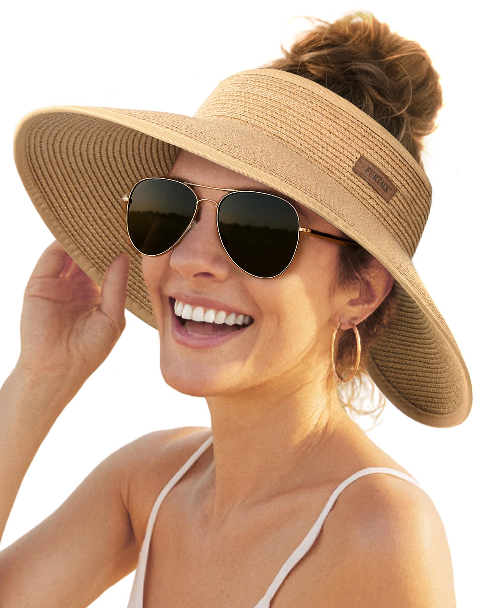 FURTALK Sun Visor Hats for Women Wide Brim Straw Ponytail Summer Beach Hat UV UPF Packable Foldable Travel Khaki