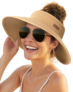 FURTALK Sun Visor Hats for Women Wide Brim Straw Ponytail Summer Beach Hat UV UPF Packable Foldable Travel Khaki