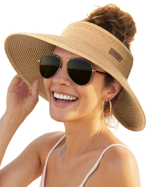 FURTALK Sun Visor Hats for Women Wide Brim Straw Ponytail Summer Beach Hat UV UPF Packable Foldable Travel Khaki