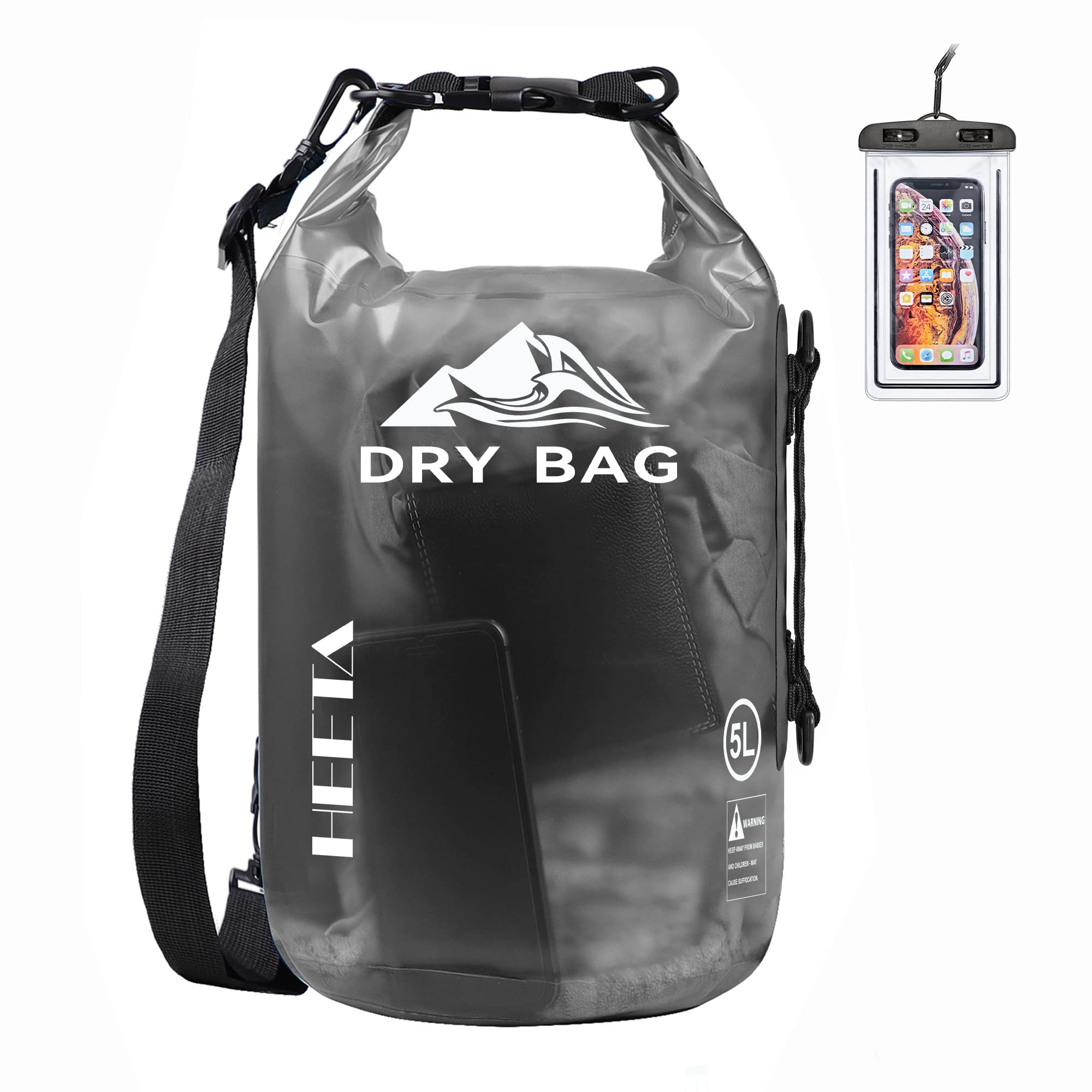 HEETA Dry Bag Waterproof for Women Men, Roll Top Lightweight Dry Storage Bag Backpack with Phone Case for Travel, Swimming, Boating, Kayaking, Camping and Beach (Transparent Black, 5L)