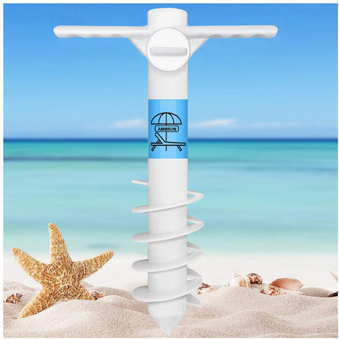 AMMSUN Beach Umbrella Sand Anchor Heavy Duty, Outdoor Umbrellas Base with 5 Spiral Screw, Universal & One Size Fits Most Beach Umbrella, Safe Umbrella Holder Stand Ideal for Strong Winds White