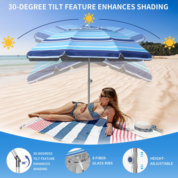 Deluwire 7ft Heavy Duty High Wind Beach Umbrella Parasols with sand anchor & Tilt Sun Shelter, UV 50+ Protection Outdoor Sunshade Umbrellas Carry Bag for Patio Garden Pool Backyard Stripe Blue