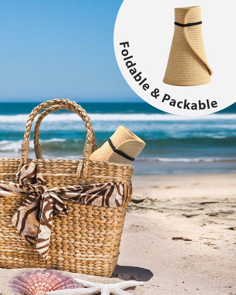 FURTALK Sun Visor Hats for Women Wide Brim Straw Ponytail Summer Beach Hat UV UPF Packable Foldable Travel Khaki