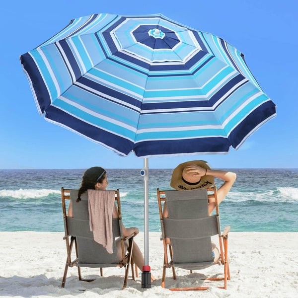 Deluwire 7ft Heavy Duty High Wind Beach Umbrella Parasols with sand anchor & Tilt Sun Shelter, UV 50+ Protection Outdoor Sunshade Umbrellas Carry Bag for Patio Garden Pool Backyard Stripe Blue