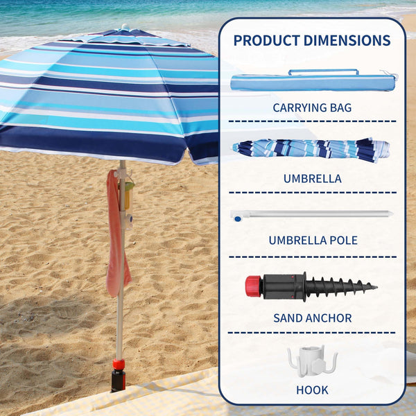 Deluwire 7ft Heavy Duty High Wind Beach Umbrella Parasols with sand anchor & Tilt Sun Shelter, UV 50+ Protection Outdoor Sunshade Umbrellas Carry Bag for Patio Garden Pool Backyard Stripe Blue