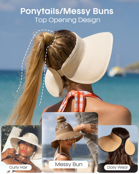 FURTALK Sun Visor Hats for Women Wide Brim Straw Ponytail Summer Beach Hat UV UPF Packable Foldable Travel Khaki