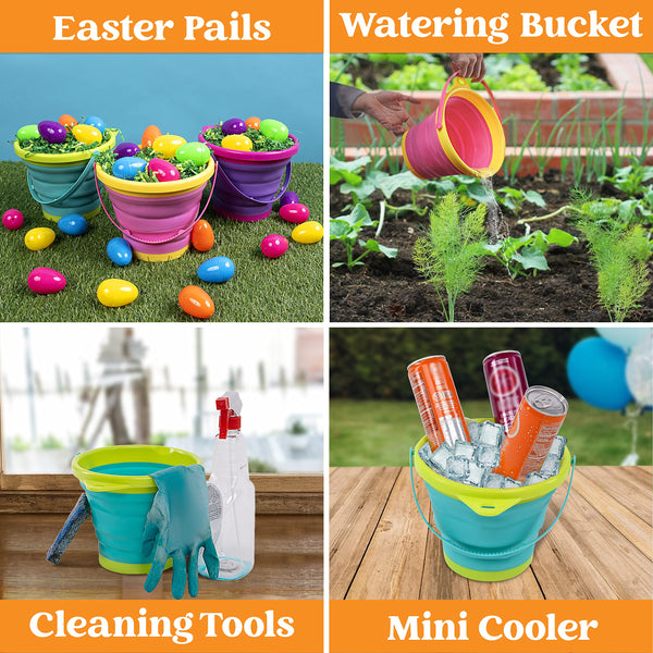 JOYIN Foldable Beach Bucket Set - 3 Packs Collapsible Toy Buckets with Shovels and Mesh Backpack for Kids Toddlers Party, Camping Gear, Travelling, Fishing Water Pail (Pink/Purple/Green)