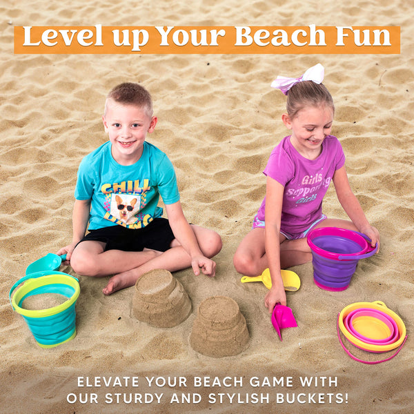JOYIN Foldable Beach Bucket Set - 3 Packs Collapsible Toy Buckets with Shovels and Mesh Backpack for Kids Toddlers Party, Camping Gear, Travelling, Fishing Water Pail (Pink/Purple/Green)